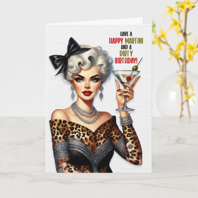 Tarjeta Funny Retro Happy Martini Dirty Birthday (flor amarilla)