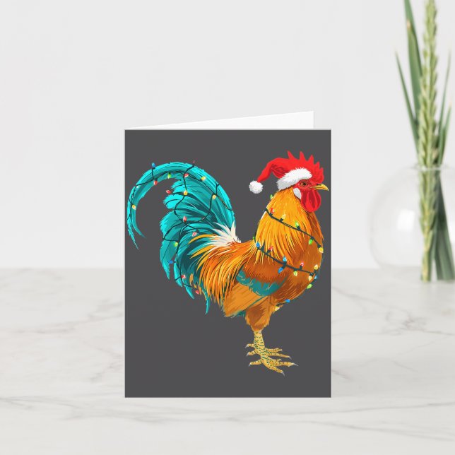 Tarjeta Funny Rooster Chicken Santa Christmas Lights Farme (Anverso)