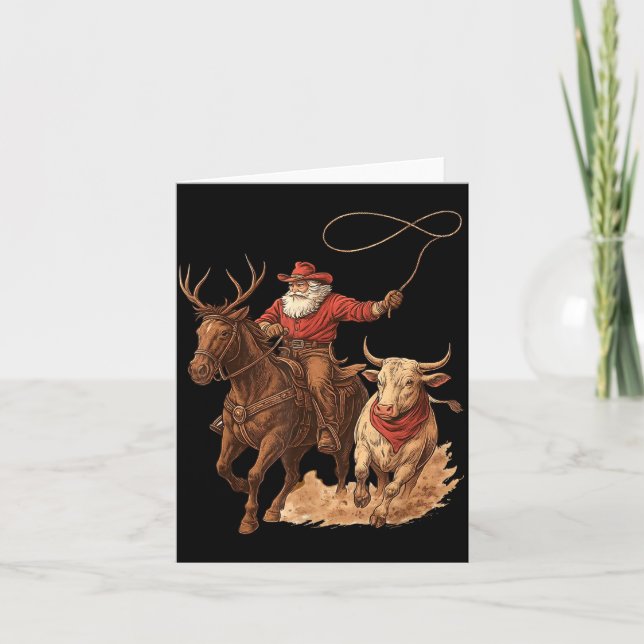Tarjeta Funny Santa Cowboy Rodeo Reindeer Western Horse Ro (Anverso)