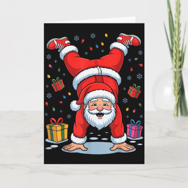 Tarjeta Funny Santa Playing Gymnastics Holiday Christmas X (Anverso)
