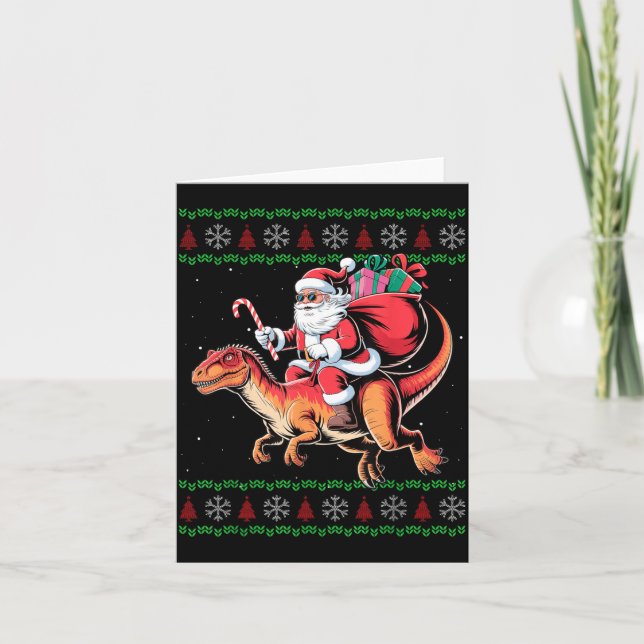 Tarjeta Funny Santa Riding Dinosaur Animal Ugly Christmas  (Anverso)
