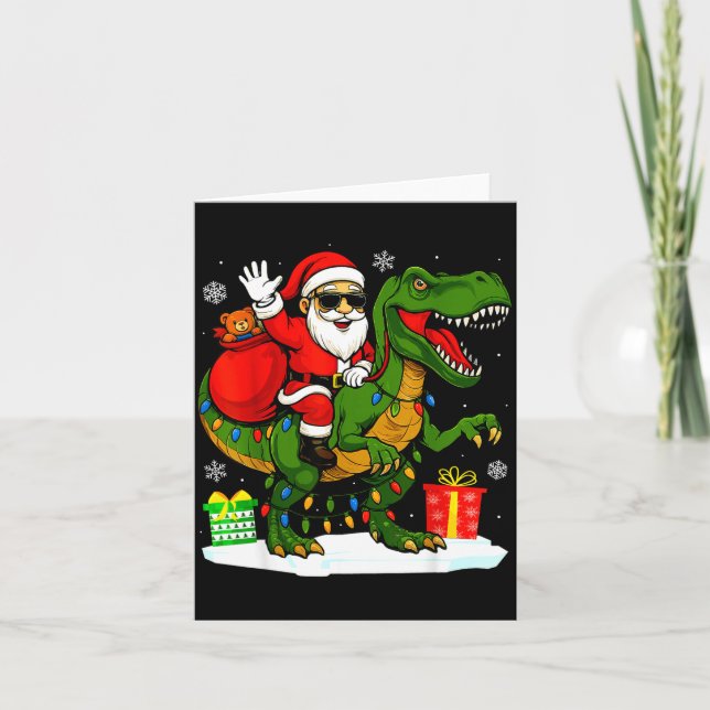 Tarjeta Funny Santa Riding Dinosaur T Rex Christmas Santa  (Anverso)