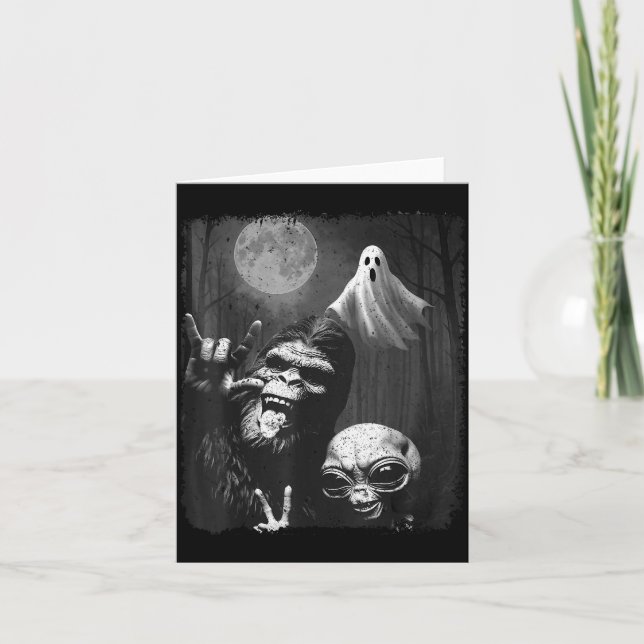 Tarjeta Funny Sasquatch &amp; Alien Rock On Hand Sign Ghos (Anverso)