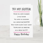 Tarjeta Funny Sister Cheeky Verse Birday Card<br><div class="desc">Bonita tarjeta de cumpleaños con un verso gracioso que mandar a tu hermanita. Adecuado para hermanas con sentido del humor.</div>