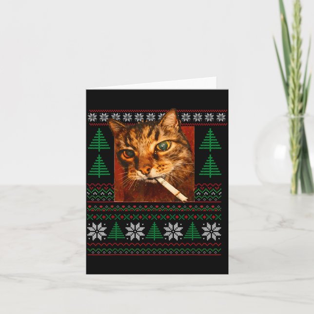 Tarjeta Funny Smoking Cat Meme Christmas Ugly  (Anverso)