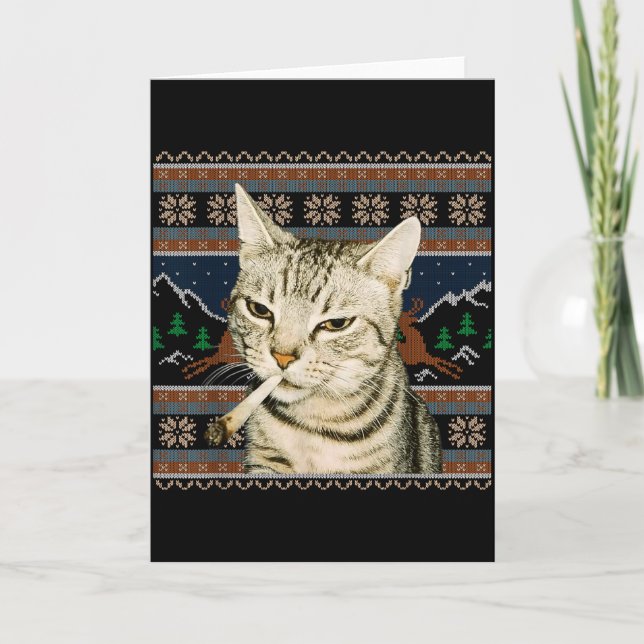Tarjeta Funny Smoking Cat Meme Christmas Ugly Sweater Cat  (Anverso)
