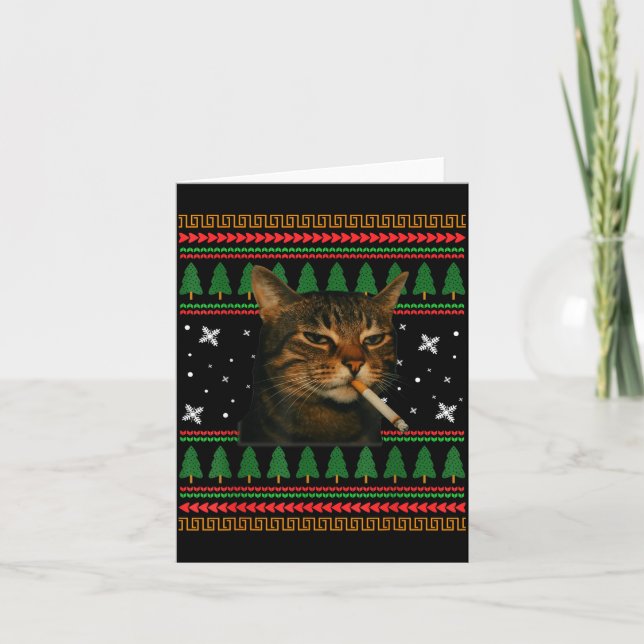 Tarjeta Funny Smoking Cat Meme Christmas Ugly Sweater Cat  (Anverso)