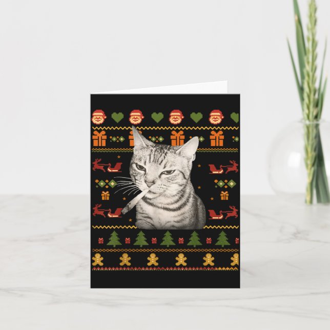 Tarjeta Funny Smoking Cat Meme Christmas Ugly Sweaters For (Anverso)