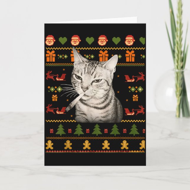 Tarjeta Funny Smoking Cat Meme Christmas Ugly Sweaters For (Anverso)