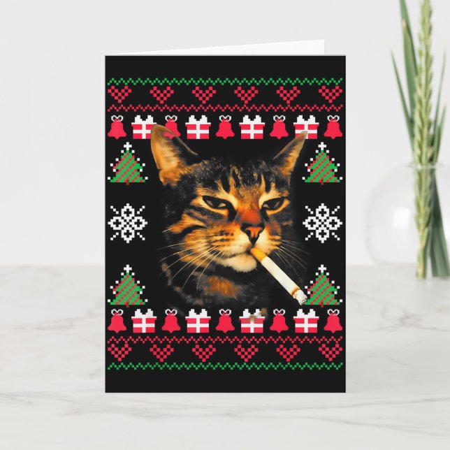 Tarjeta Funny Smoking Cat Meme Ugly Christmas Sweater For  (Anverso)