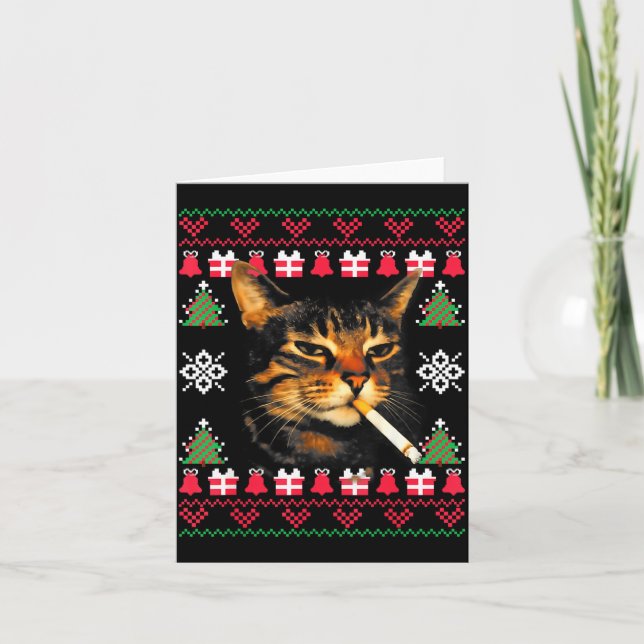 Tarjeta Funny Smoking Cat Meme Ugly Christmas Sweater For  (Anverso)