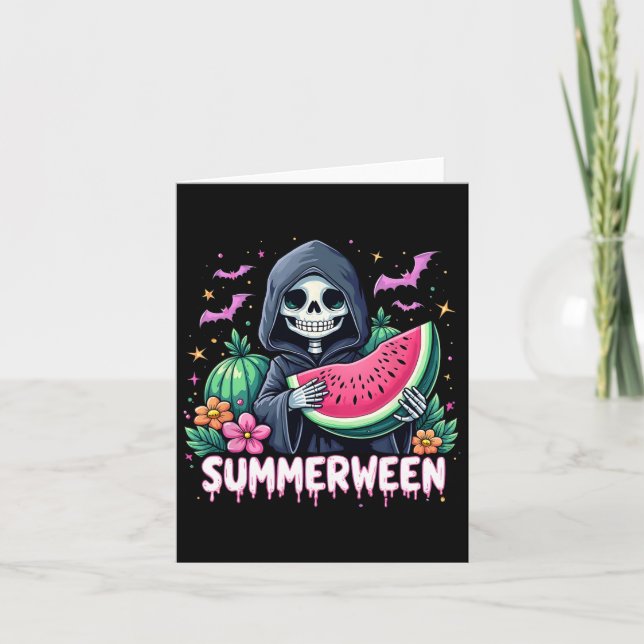 Tarjeta Funny Summerween Skeleton Watermelon Halloween Art (Anverso)