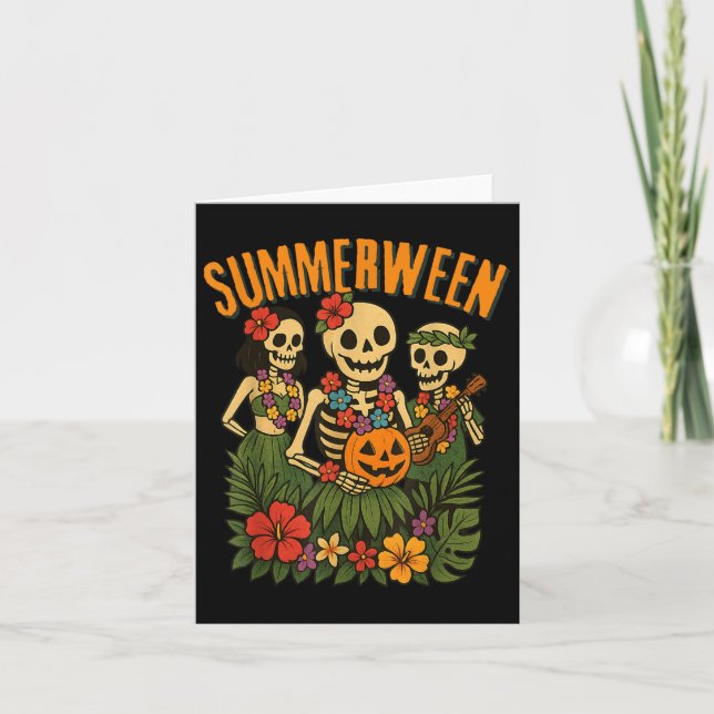 Tarjeta Funny Summerween Skeletons Luau Fiesta Halloween B (Anverso)