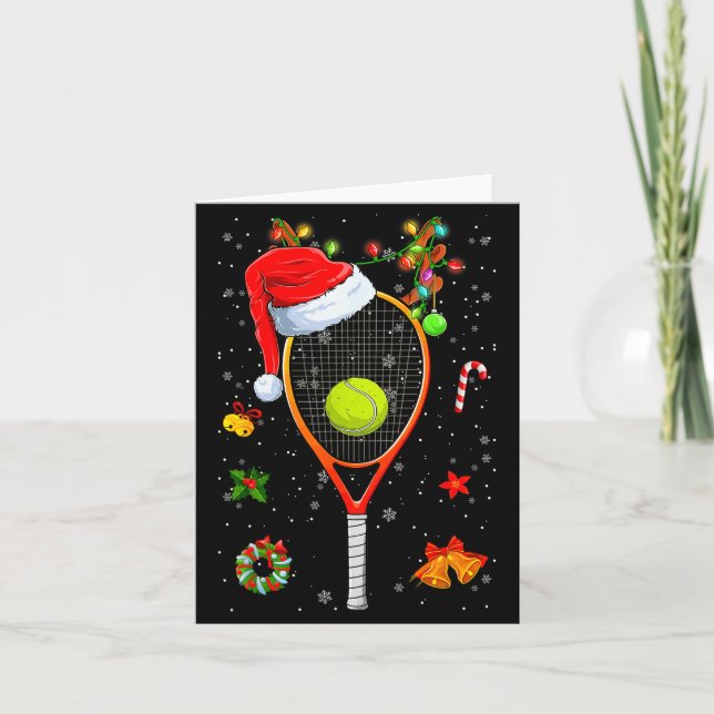 Tarjeta Funny Tennis Racket Reindeer Santa Hat Christmas L (Anverso)