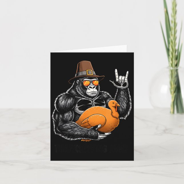 Tarjeta Funny Thanksgiving Gorilla Holding Turkey Lgrim Ha (Anverso)