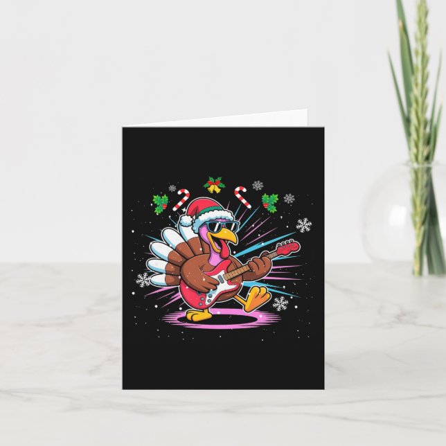 Tarjeta Funny Thanksgiving Santa Hat Turkey Rock Star Play (Anverso)