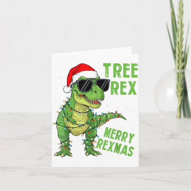 Tarjeta Funny Tree Rex Christmas Dinosaur Santa Hat Lights (Anverso)