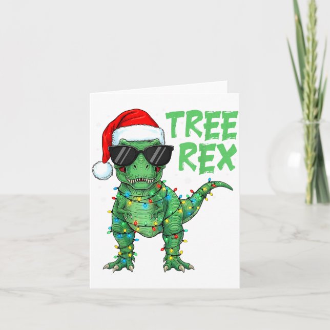 Tarjeta Funny Tree Rex Christmas Dinosaur Santa Hat Lights (Anverso)