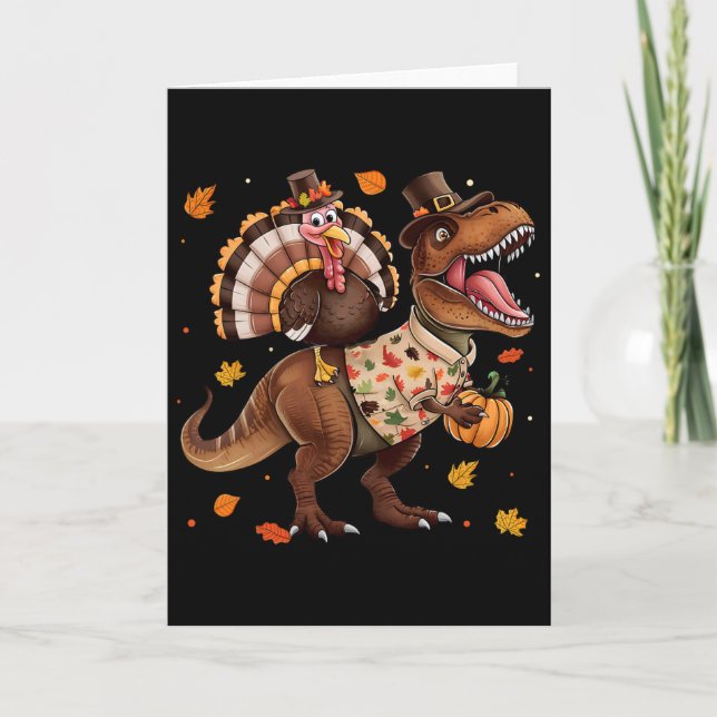 Tarjeta Funny Turkey Riding Dinosaur T Rex Thanksgiving Bo (Anverso)
