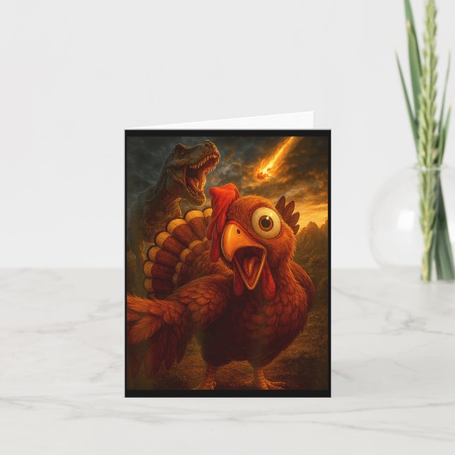 Tarjeta Funny Turkey Selfie With Dinosaur And Meteor Acaly (Anverso)