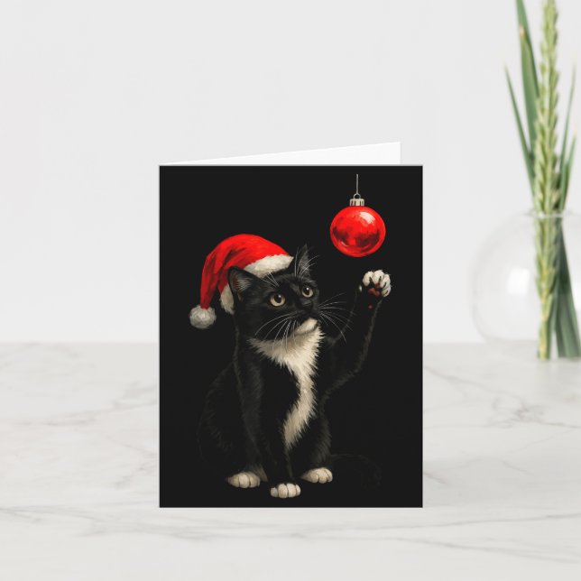 Tarjeta Funny Tuxedo Bauble Cat Santa Hat Red Xmas Christm (Anverso)