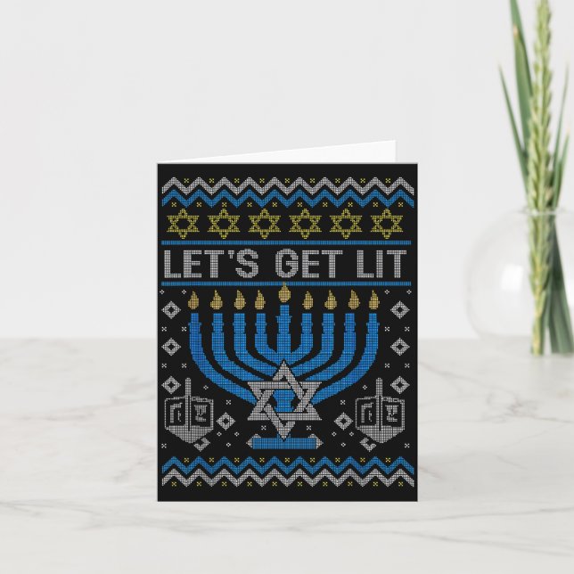 Tarjeta Funny Ugly Hanukkah Sweater Lets Get Lit Menorah J (Anverso)
