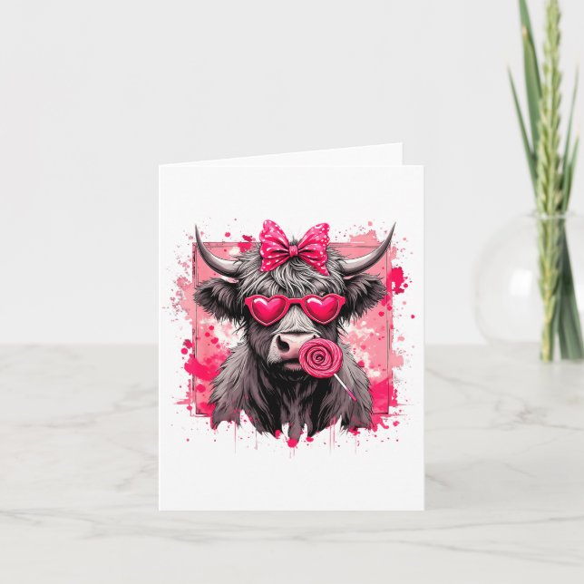 Tarjeta Funny Valentine Highland Cow Lollip Heart Art Nk L (Anverso)