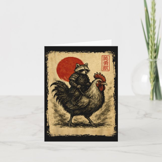 Tarjeta Funny Vintage Raccoon Rooster Chicken Japanese Uki (Anverso)