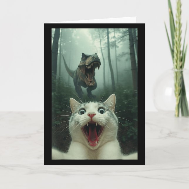 Tarjeta Funny White Cat Selfie With T-rex Dinosaur, Cat Ki (Anverso)