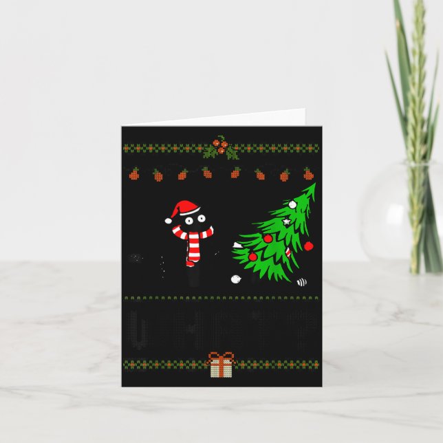 Tarjeta Funny Xmas Black Cat Pushing Christmas Tree Over C (Anverso)
