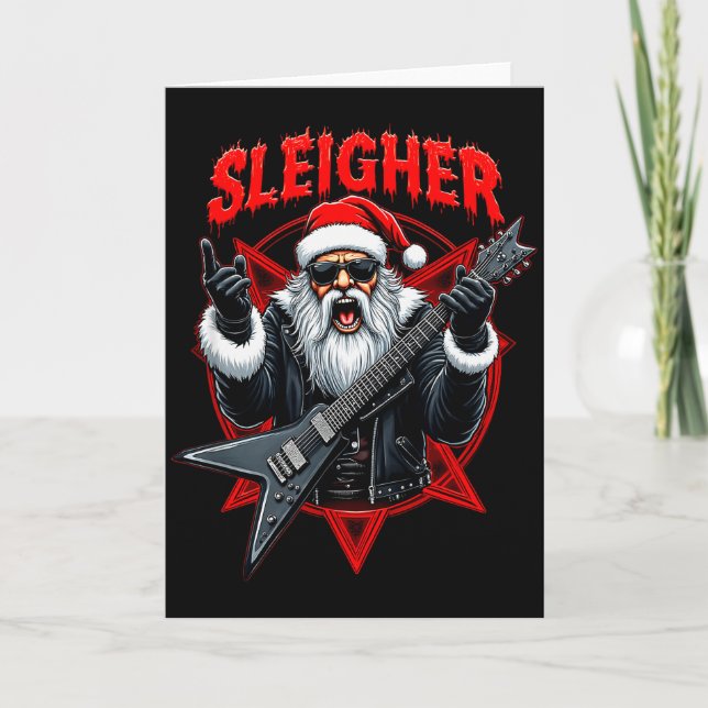 Tarjeta Funny Xmas Christmas Guitar Santa Sleigher Heavy M (Anverso)
