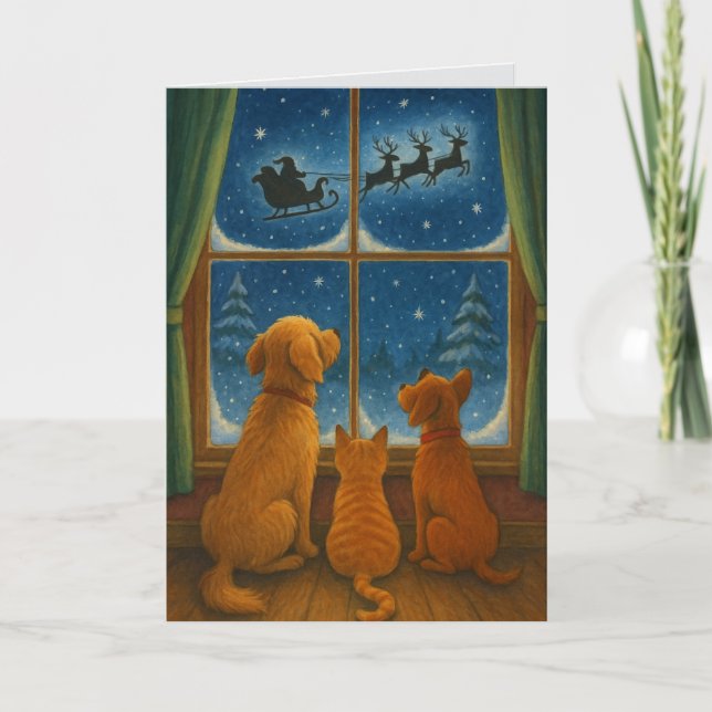 Tarjeta Furry Friends Looking at Santa Custom Christmas (Anverso)