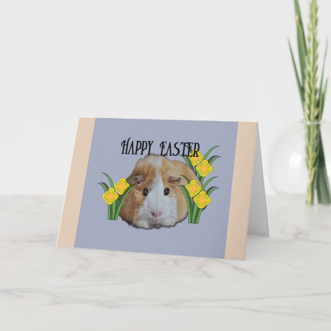 Tarjeta Furry Little Guinea Pig Tan Feliz Pascua Daffodil (Anverso)