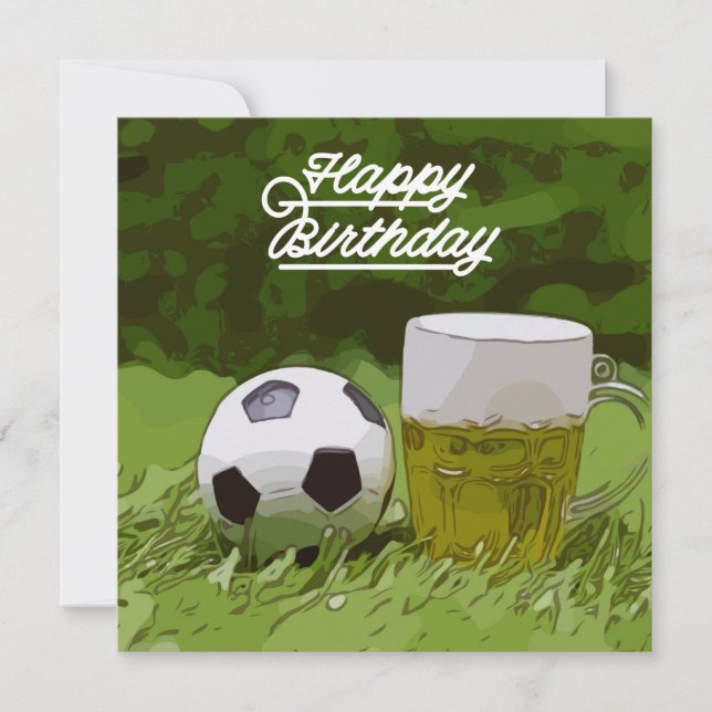 Tarjeta Fútbol Feliz cumpleaños con bola y cerveza en verd (Anverso)