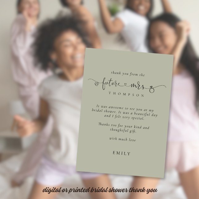Tarjeta Futura Sra. Bridal Shower Light Sage Gracias (Stylish sage bridal shower thank you - available digitally or printed)
