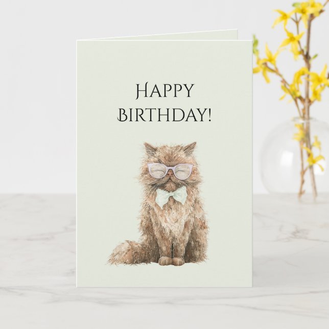 Tarjeta Gafas Cumpleaños Gato Genial Marrón Menta (flor amarilla)