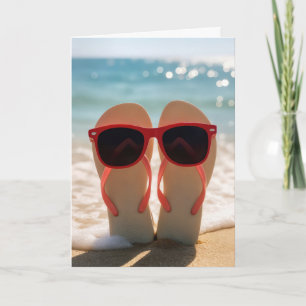 Tarjeta Gafas de sol de cumpleaños en chanclas en arena de