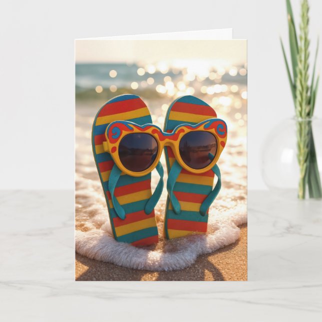 Tarjeta Gafas de sol de cumpleaños en chanclas en oleaje d (Anverso)