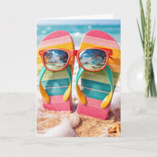 Tarjeta Gafas de sol de jubilación en chanclas en arena de