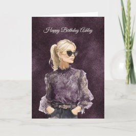 Tarjeta Gafas de sol femeninas rubias Blusa morada Cumplea