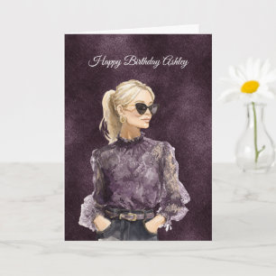 Tarjeta Gafas de sol femeninas rubias Blusa morada Cumplea