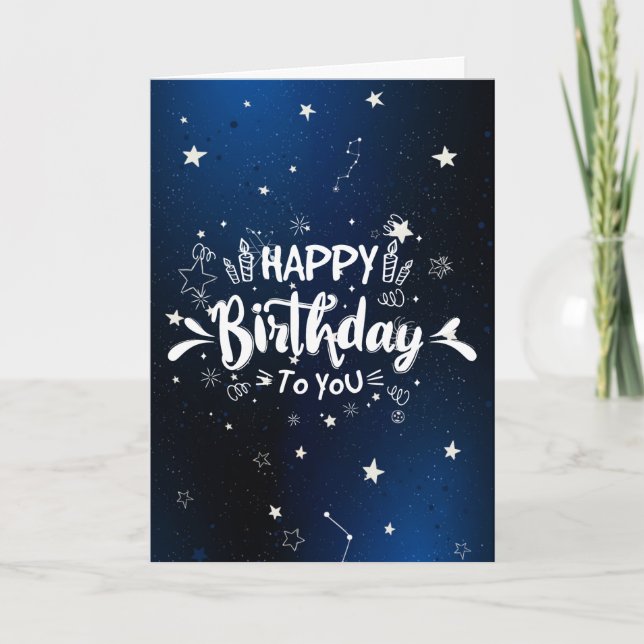 Tarjeta Galaxia azul con cumpleaños de estrellas (Anverso)