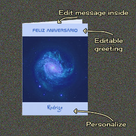 Tarjeta Galaxia espiral de texto portuguesa cumpleaños azu