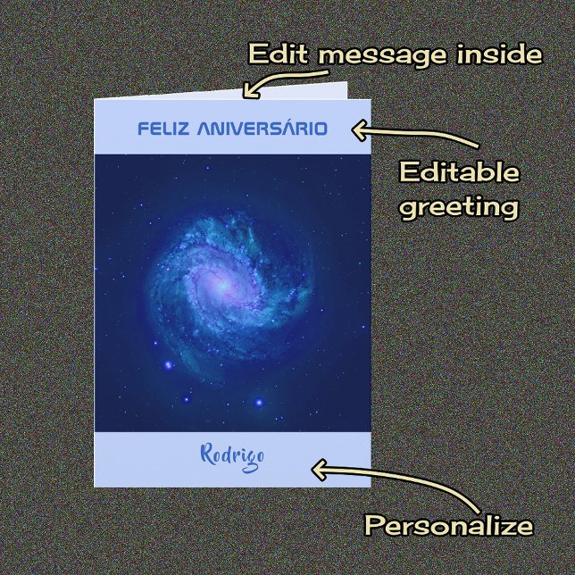 Tarjeta Galaxia espiral de texto portuguesa cumpleaños azu (Subido por el creador)