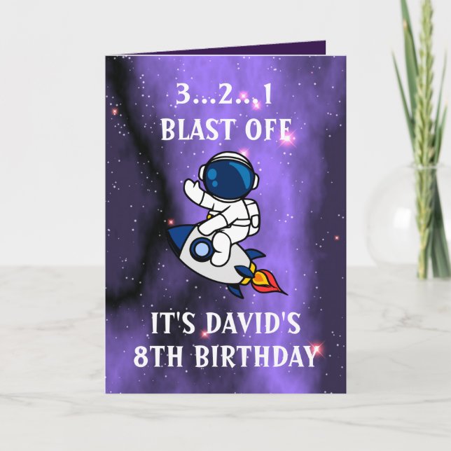 Tarjeta Galaxia negra púrpura astronauta octava cumpleaños (Anverso)