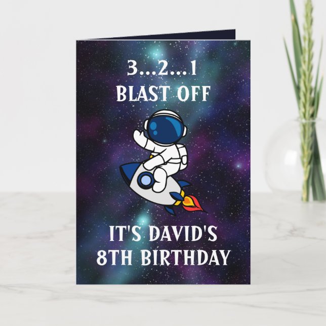 Tarjeta Galaxia púrpura verde astronauta lindo 8 cumpleaño (Anverso)