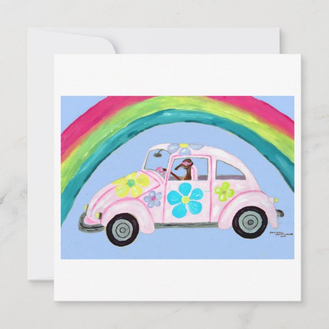 Tarjeta Galgo en coche hippie con arcoíris (Anverso)
