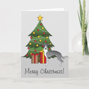 Tarjeta Galgo Italiano Azul y Blanco y árbol de Navidad