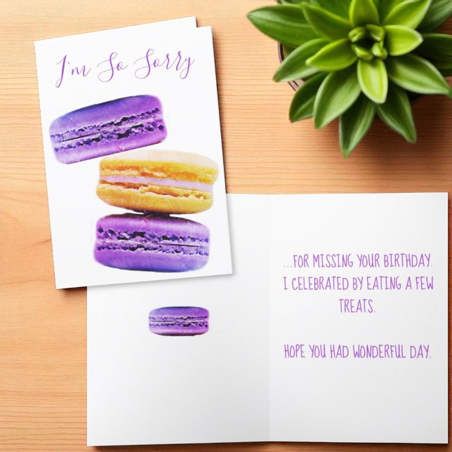 Tarjeta Galletas De Macarón Morado Lo Siento Cumpleaños At (template greeting card cover and inside text)