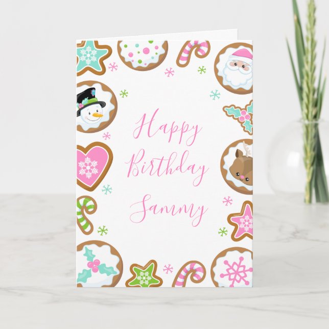 Tarjeta Galletas de Navidad Rosa y Verde Feliz Cumpleaños (Anverso)